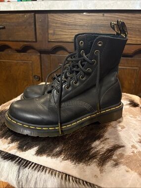 Black Leather Dr. Marten Boots with Yellow Stitching
